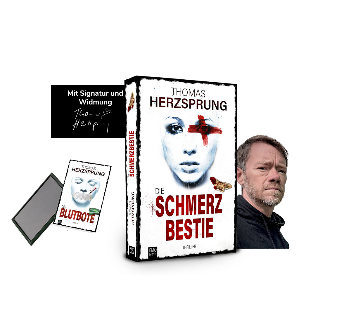 Fan-Set:  »Die Schmerzbestie«  als signierte Taschenbuchausgaben + Kühlschrankmagnet