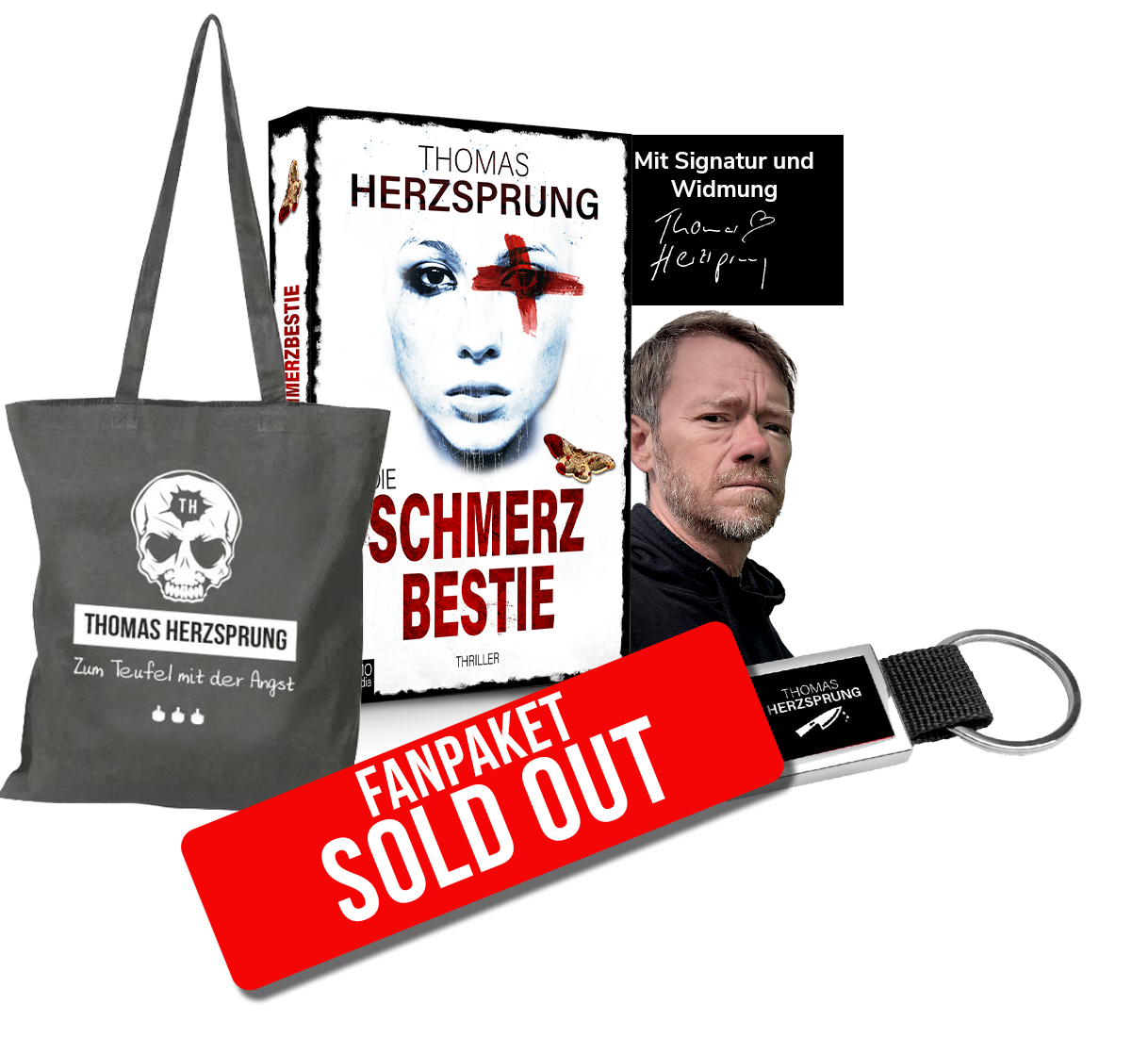 Fanpaket »Die Schmerzbestie« – mit signiertem Taschenbuch, Stofftasche und Schlüsselanhänger
